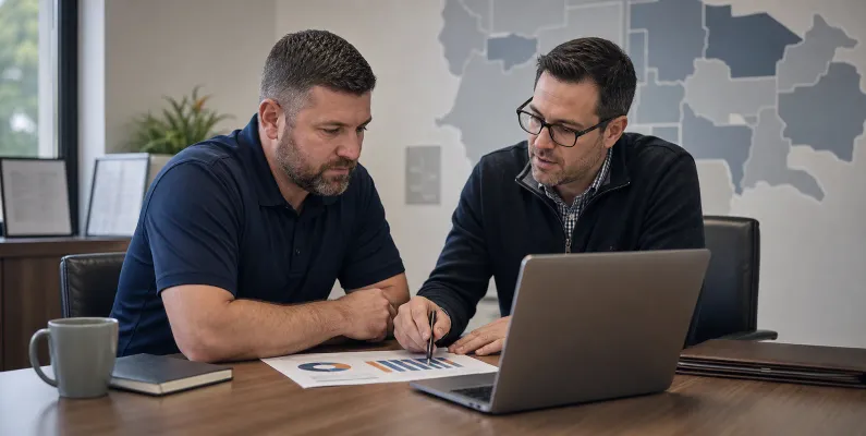 Restoration company owner and marketing strategist reviewing fire damage lead sources and campaign planning