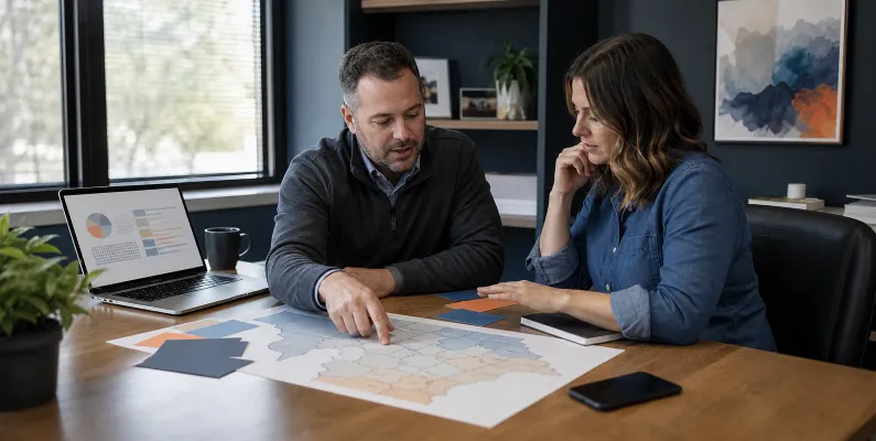 Restoration company owner and marketing strategist reviewing a territory-based marketing plan.