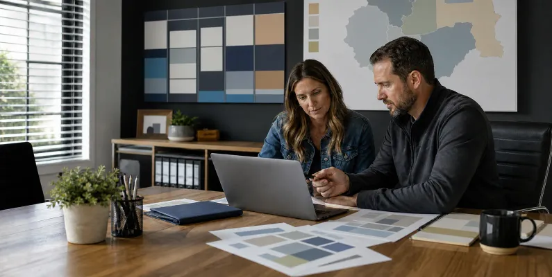 Restoration company owner and marketing strategist reviewing an unlabeled service territory and lead-handling plan