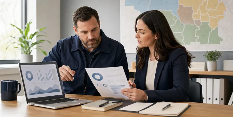 Restoration company owner and marketing strategist reviewing lead quality beside a service-area map