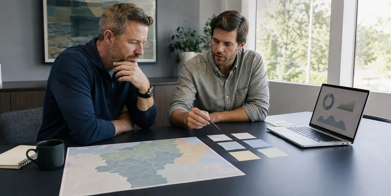 Restoration company owner and marketing strategist comparing two campaign plans beside an unlabeled service territory map