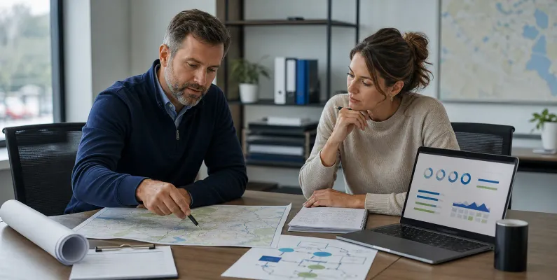 Restoration company owner and marketing strategist reviewing a service territory map and abstract lead-routing plan