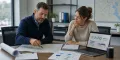 Restoration company owner and marketing strategist reviewing a service territory map and abstract lead-routing plan